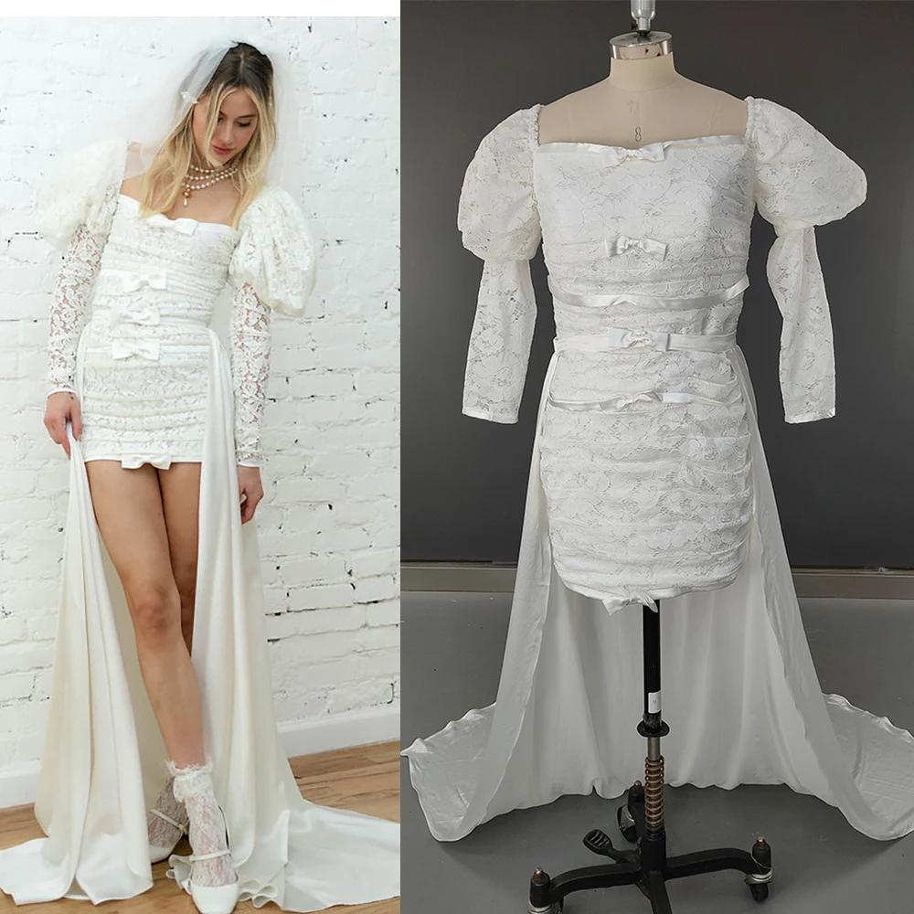 

Mini Length Lace Long Juliette Sleeves Wedding Gown Custom Made High Low Sweep Train Satin Bow Retro Square Neck Bridal Dress