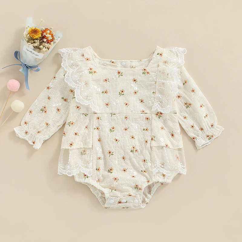 

Милая одежда для маленьких девочек, Кружевное боди для новорожденных с цветочным рисунком, комбинезон с квадратным вырезом и оборками, весе...