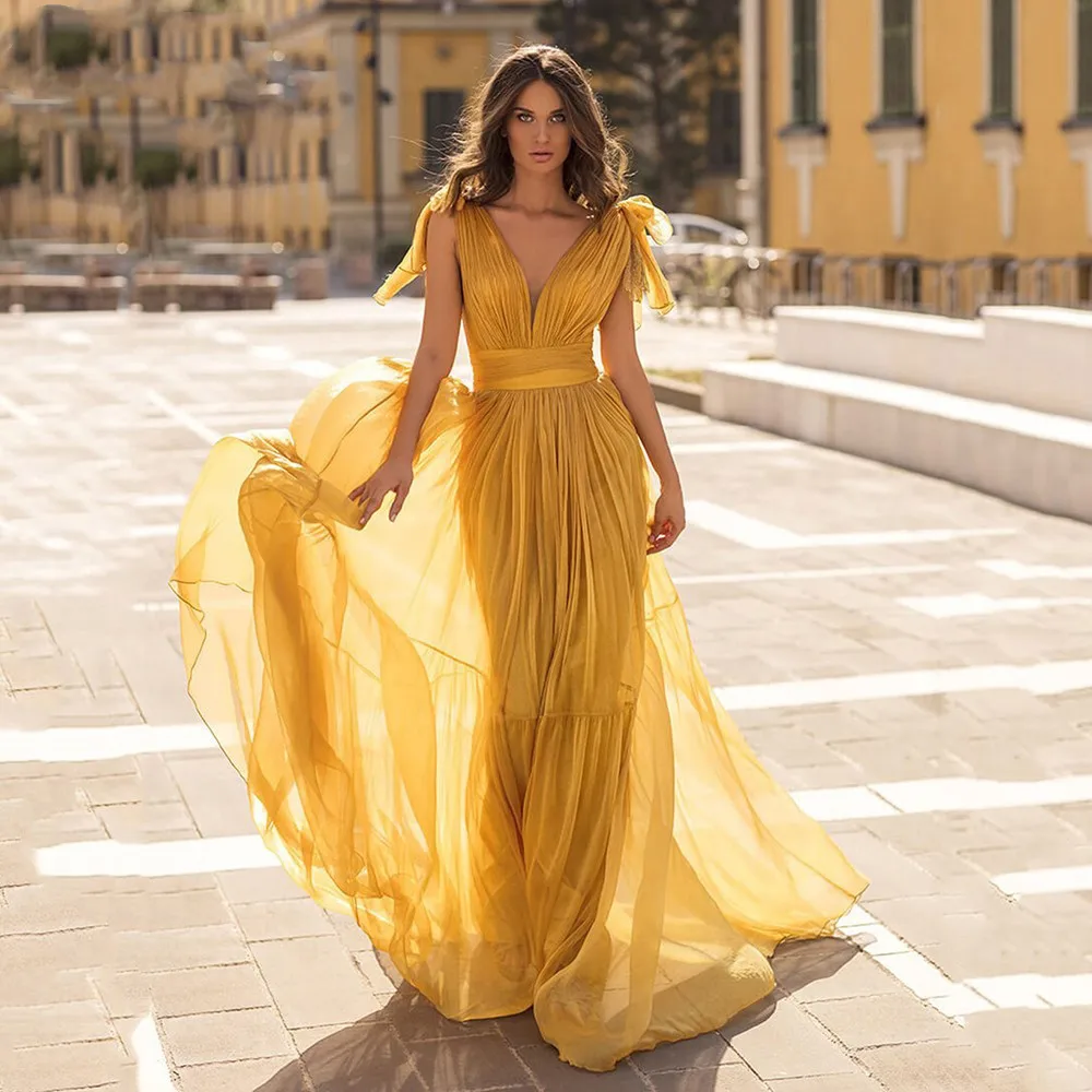 

Vinca Sunny Bow Spaghetti Straps Glod Chiffon Evening Dresses Long V-Neck Backless Floor Length Prom Gown robes de soirée 2022