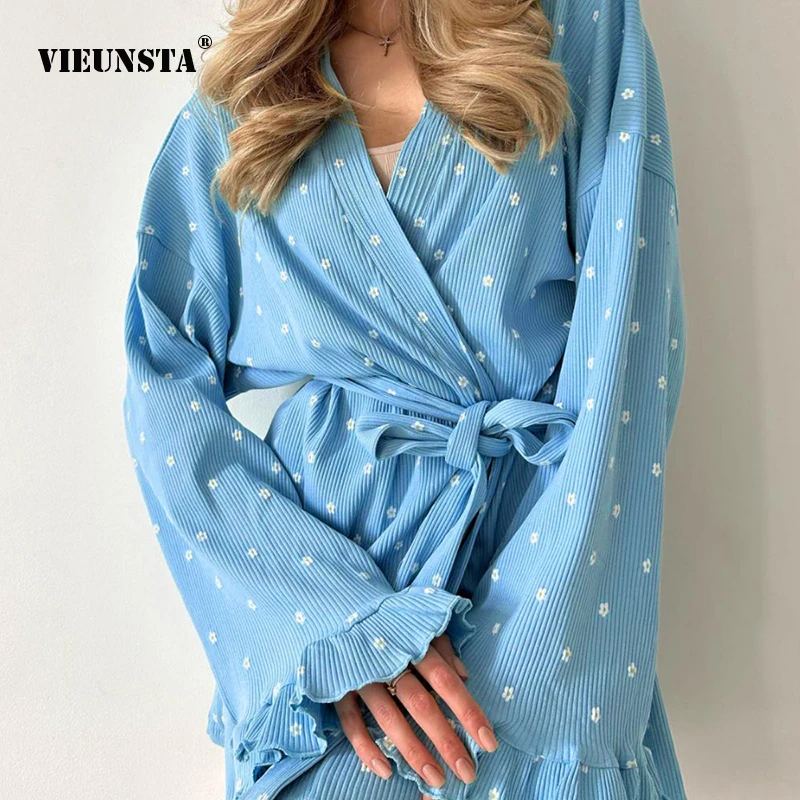 

2023 Autumn Winter New Printed Flare Sleeves Long Sleeves Beautiful Dresses Temperament Lace up Ruffle Edge A-line Women's Dress