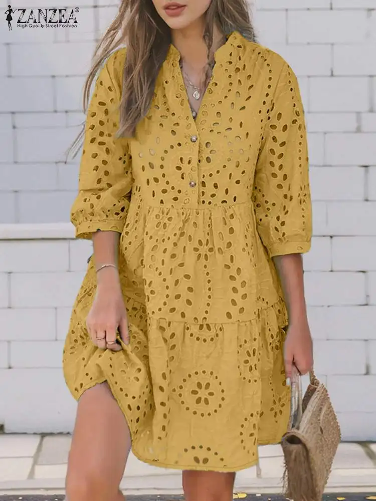 Женское ажурное платье ZANZEA с вышивкой повседневное свободное праздничное