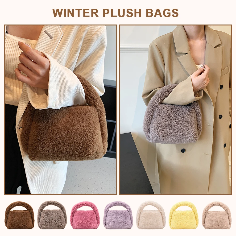 

2023 Fashion All-Match Lamb Wool Carrying Cute Winter Plush Button Simple Solid Color Women's Bag Dating Shopping Handbag New