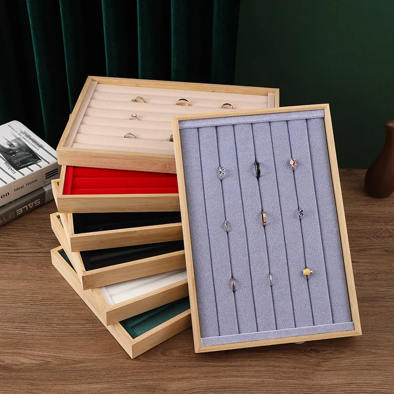 Wholesale Natural Bamboo Ring Display Tray Colorful Velvet Ring Tray Organizer for Jewelry Store Stackable Jewellery Storage