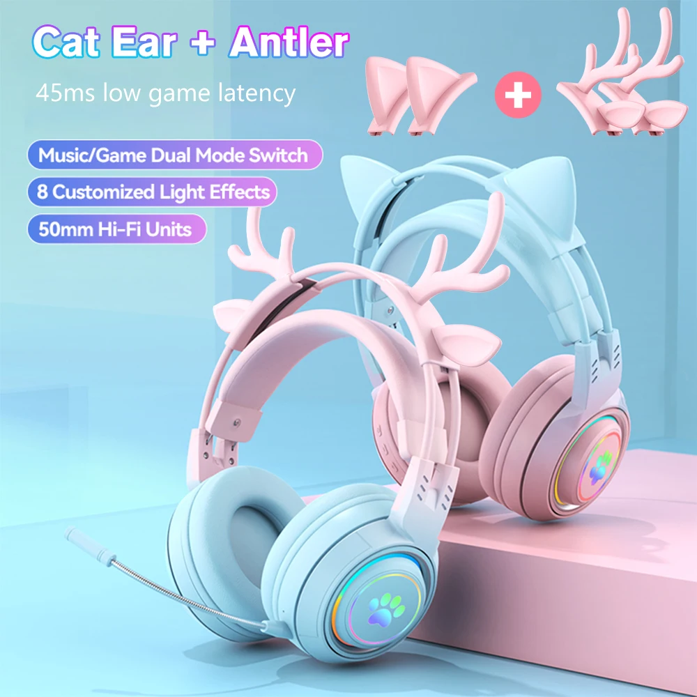 Cute Antlers/Cat Ear Wireless Bluetooth Headphone Gamer 3.5mm Earphone Gaming Headset With RGB Light For Child/kid New Year Gift