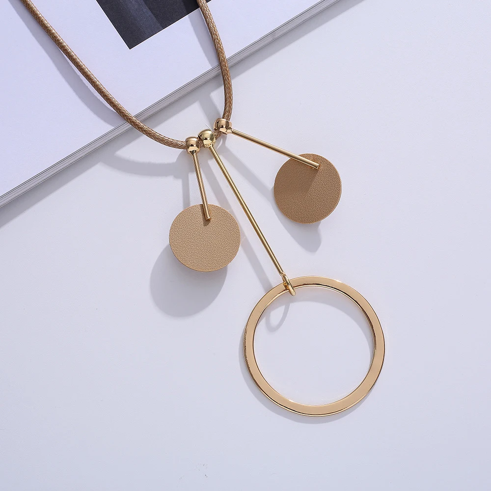 

gold/silver Leather rope neck charm mental circle pendant for women long chains necklace jewelry wholesale bulk