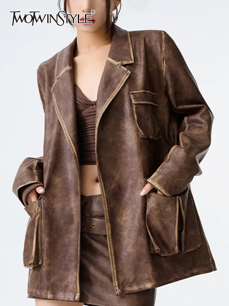 

Женские кожаные куртки TWOTWINSTYLE, винтажные свободные куртки с отворотом и длинным рукавом, Повседневная Уличная куртка с карманами, 2023