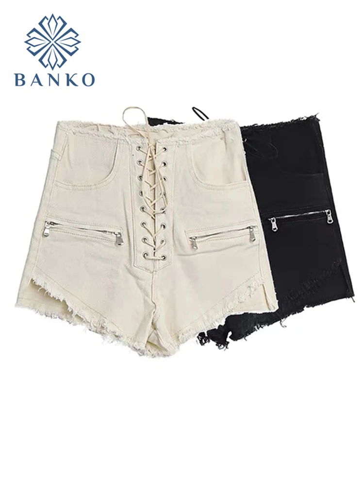 

Bandage Sexy Denim Shorts Women Streetwear Gothic Jeans Mini High Waist Lace Up Casual Zipper Solid Goth Club Fashion 2022 New