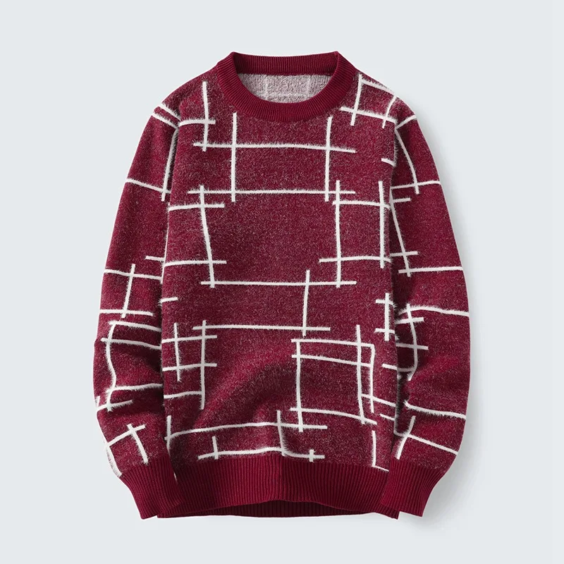 Autumn And Winter New Men's Knitted Jumper Fashion Horizontal And Vertical Stripes Loose Round Neck Casual Jumper Men's Tops