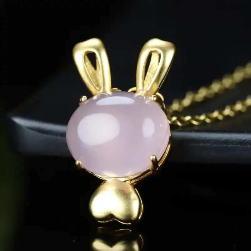 

24k Real Gold Plated Copper Pink Jade Rabbit Pendant Necklace Women Fine Jewelry Accessories For Girlfriend Mom Gifts