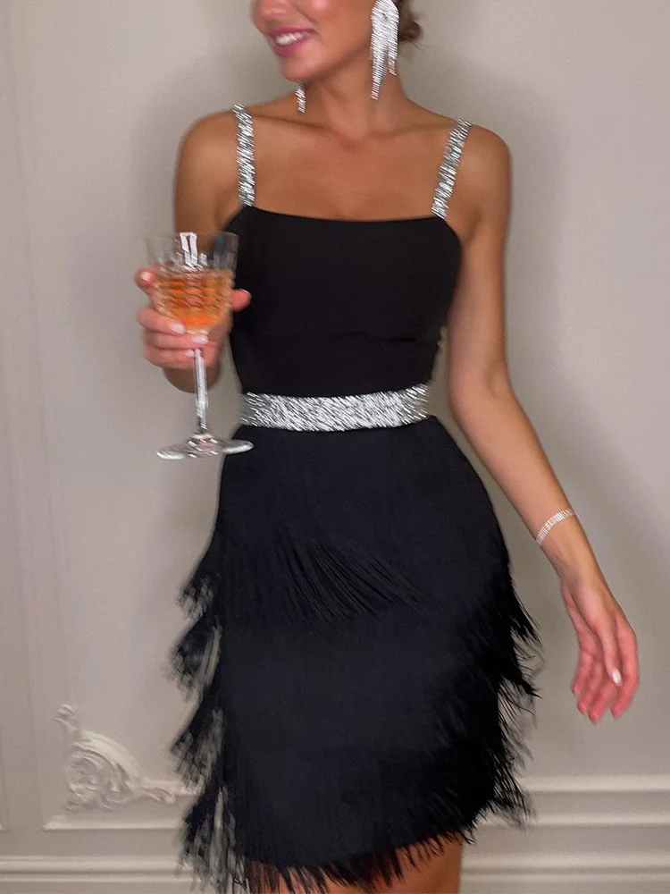 

Women Sexy Off Shoulder Suspender Fringed Slim Dress 2022 Summer Female Elegant Bodycon Waist Backless Party Outfits