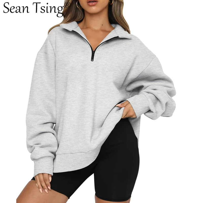 

Sean Tsing® Sports Women's Long Sleeve Shoulder Sweatshirts Trendy Ladies 1/4 Half Zip Up Hoodies Loose Pullovers