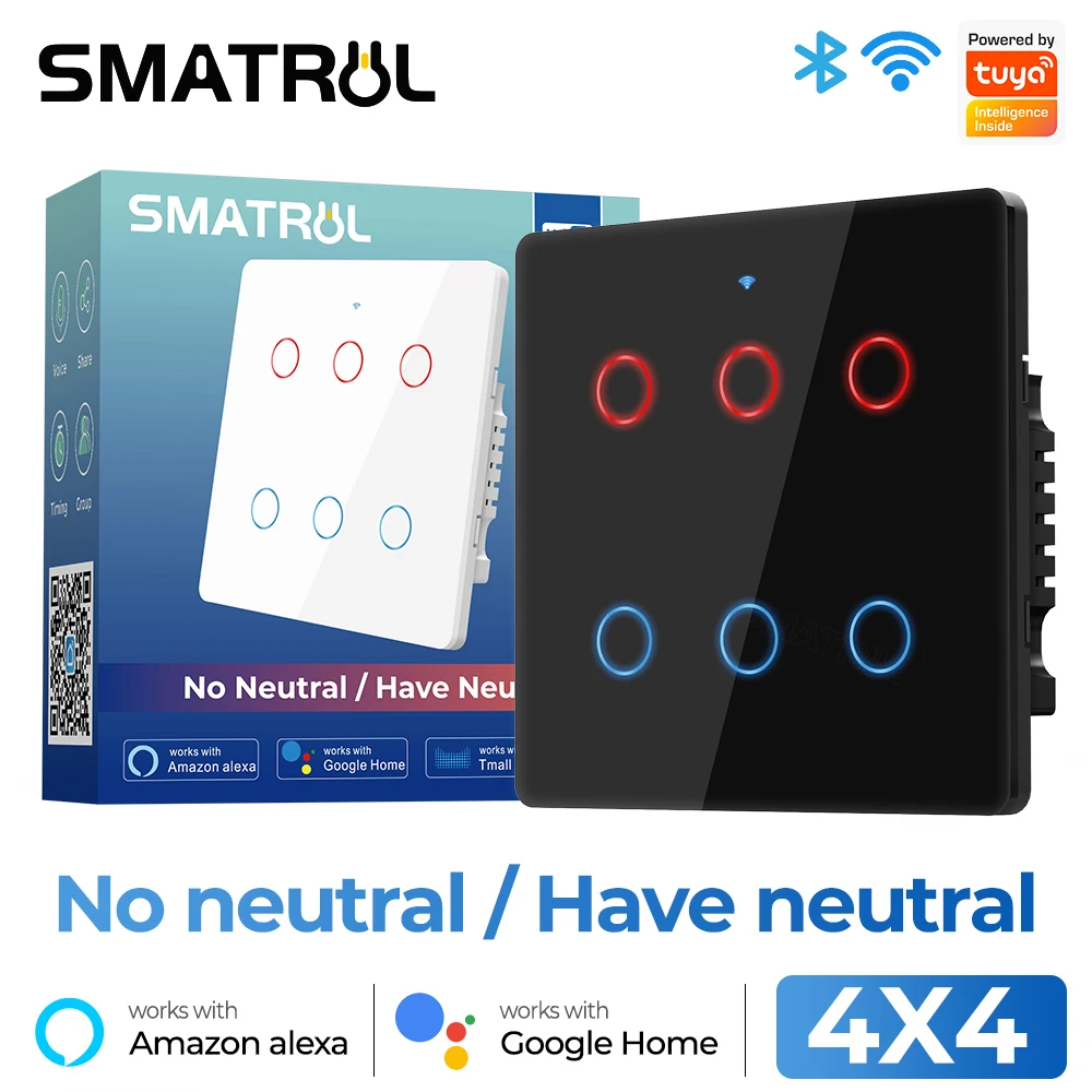 

Brazil 4x4 Tuya WiFi Smart Light Switch 6 Gang Touch Wall No Neutral Wire 110-240V Screen Panel APP Work With Alexa Google Home