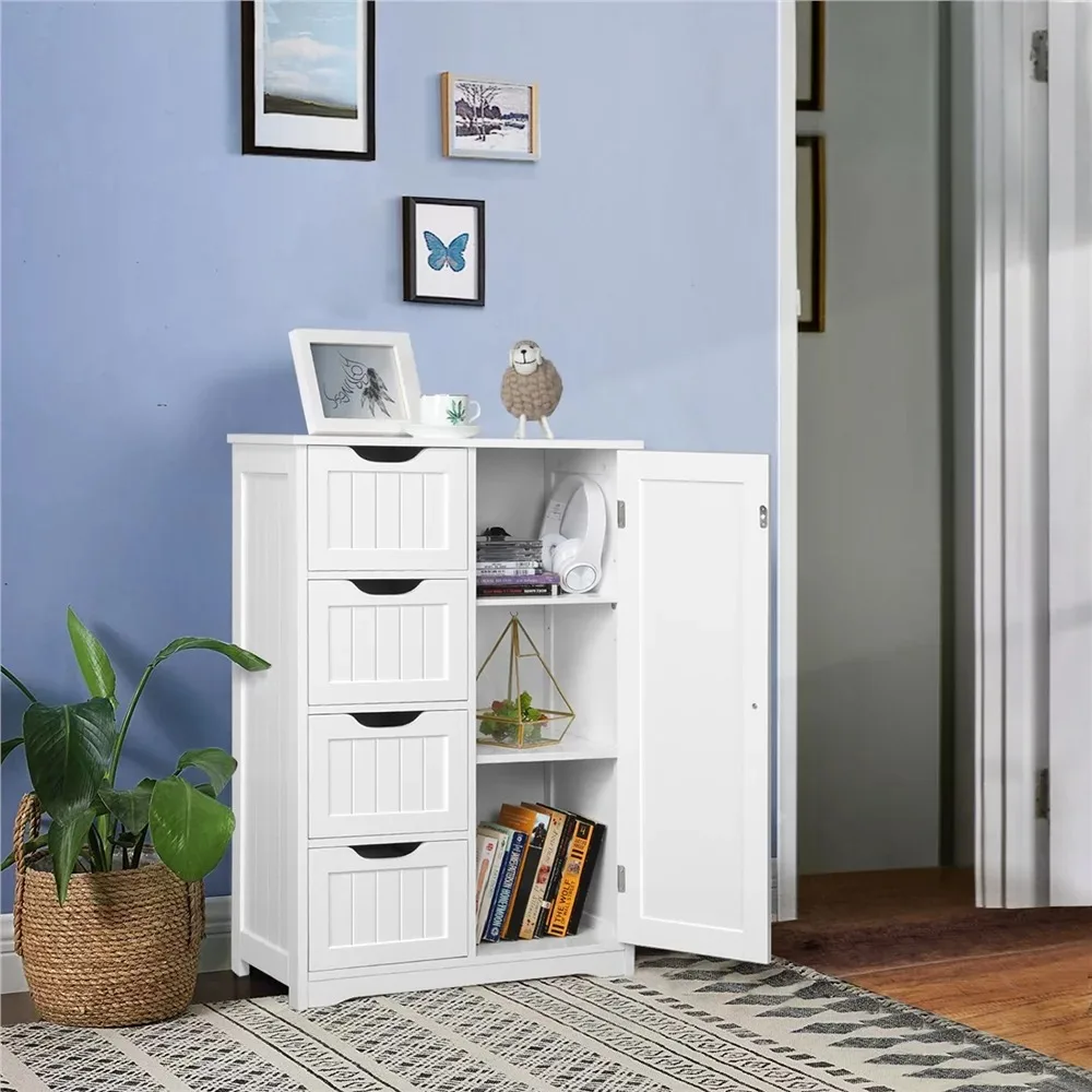 

Wooden Bathroom Storage Cabinet with 4 Drawers & Cupboard, White