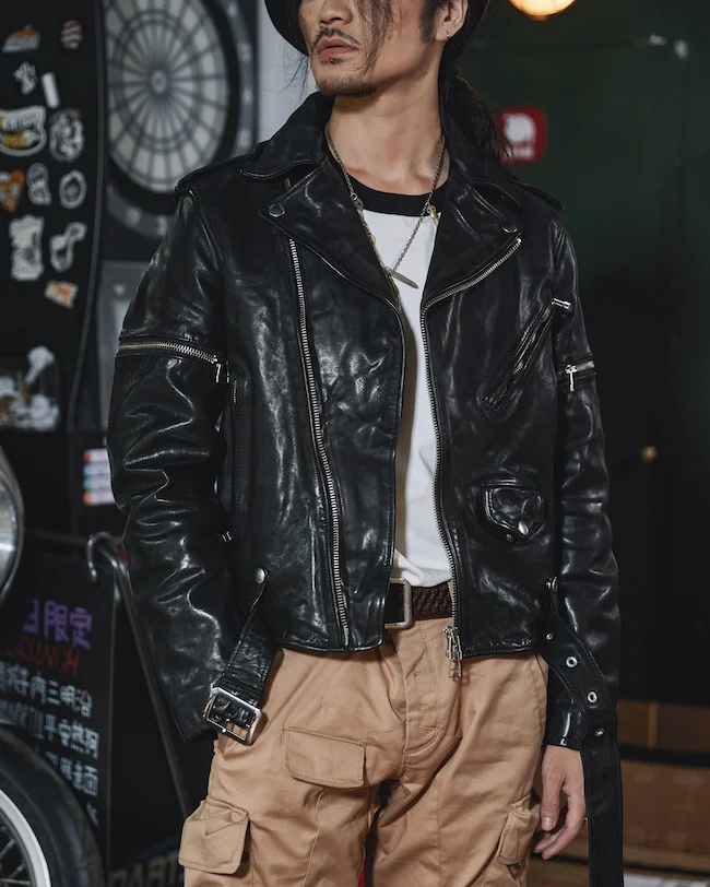 

YR!Free shipping.sales.classic 613 style motor biker leather jacket.Detachable vintage oil horsehide coat.black cool quality