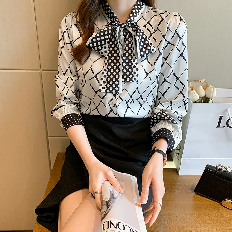 

Шифоновая женская блузка свободная рубашка с круглым вырезом для девочек Летняя Модная Повседневная Топ с длинным рукавом и принтом женска...