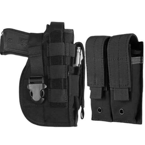 

Tactical Pistol Holster for Right Hand & Universal Double Pistol Mag Pouch Fit: Glock 17 Glock 19 / 19X / 26/44 / 45 23/32