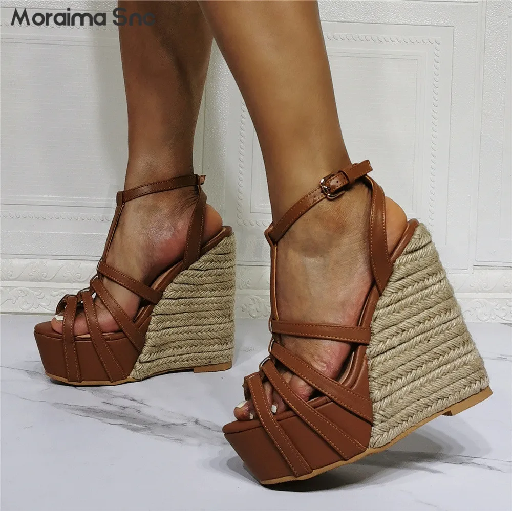 Women's Straw Woven Wedge Sole Fine Strap Sandals Coffee Color Banquet Large Size Sexy Fashion Hollowed Out High Heel Sandals
