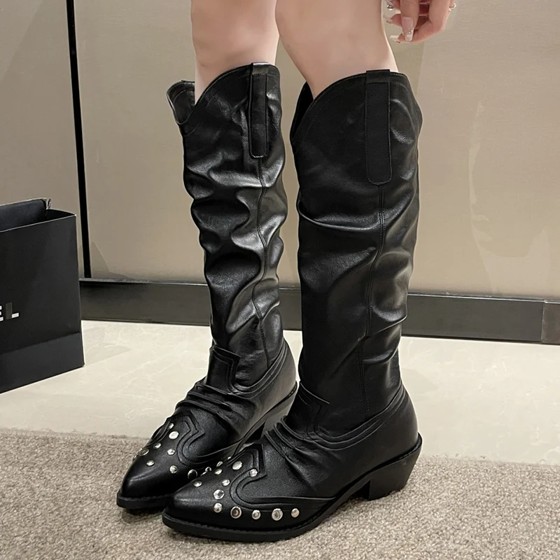 

Сапоги до колена с металлическими заклепками в стиле панк женские ковбойские высокие сапоги без шнуровки с острым носком женские черные ботинки из искусственной кожи на толстом каблуке