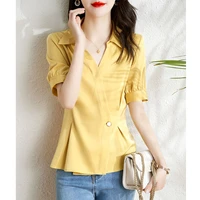 summer new elegant female button patchwork solid shirts fashion short sleeve korean turn down collar folds slim blouses women