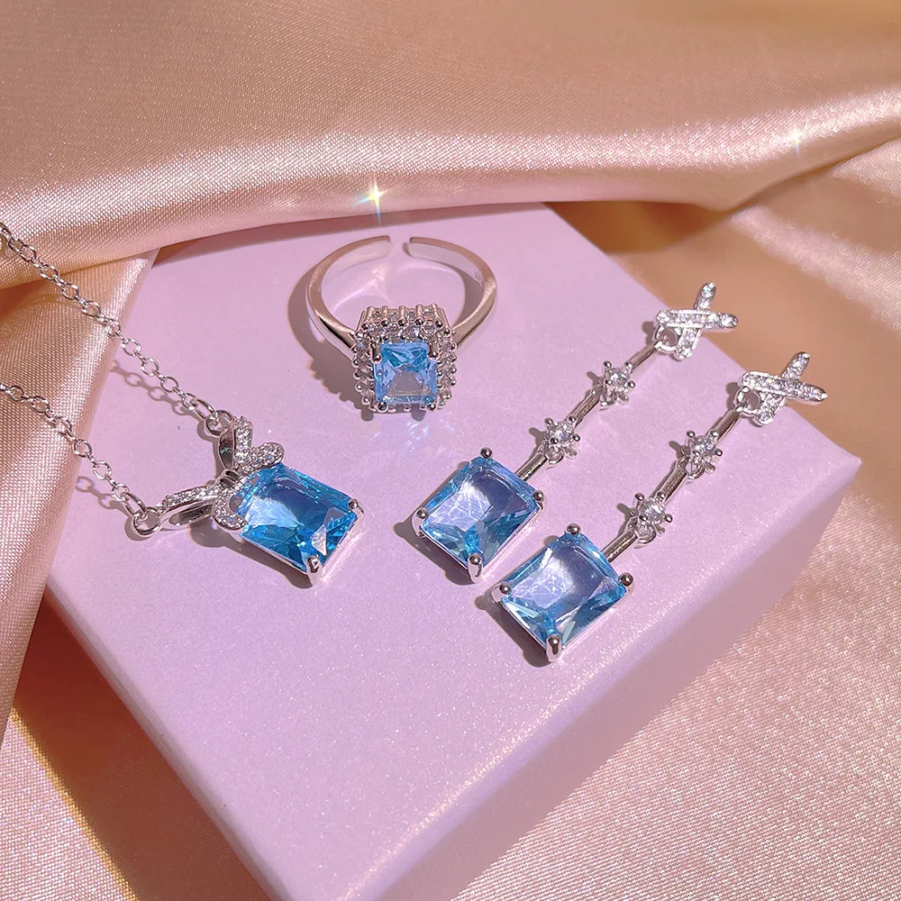

Fashion Sea Blue Topaz Zircon Ring Necklace Tassel Earrings 925 Stamp Silver Luxury Jewelry Sets Female Fashion Accessories