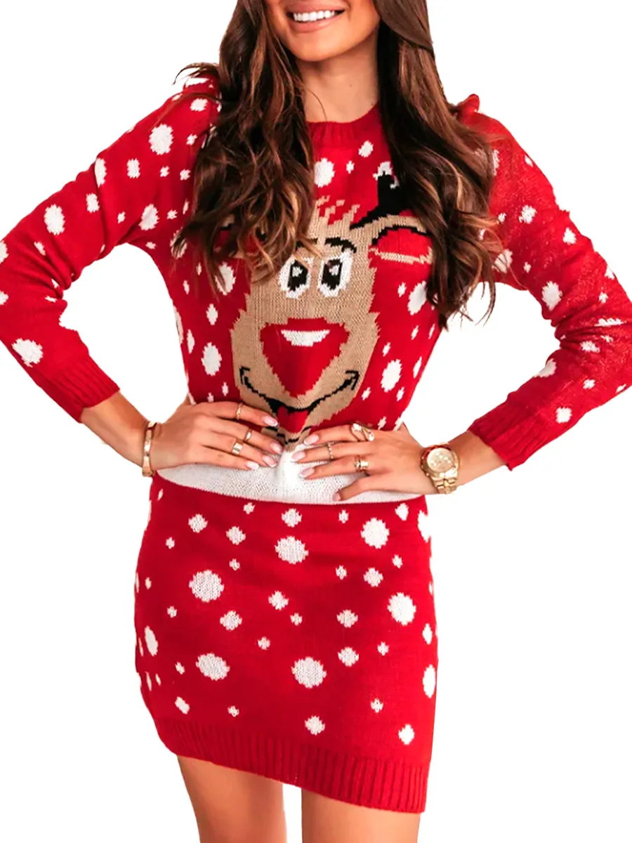 

Women Fashion Christmas Knit Dress Long Sleeve Round Neck Elk Dot Pattern Knitwear Elastic Bodycon Short Dress