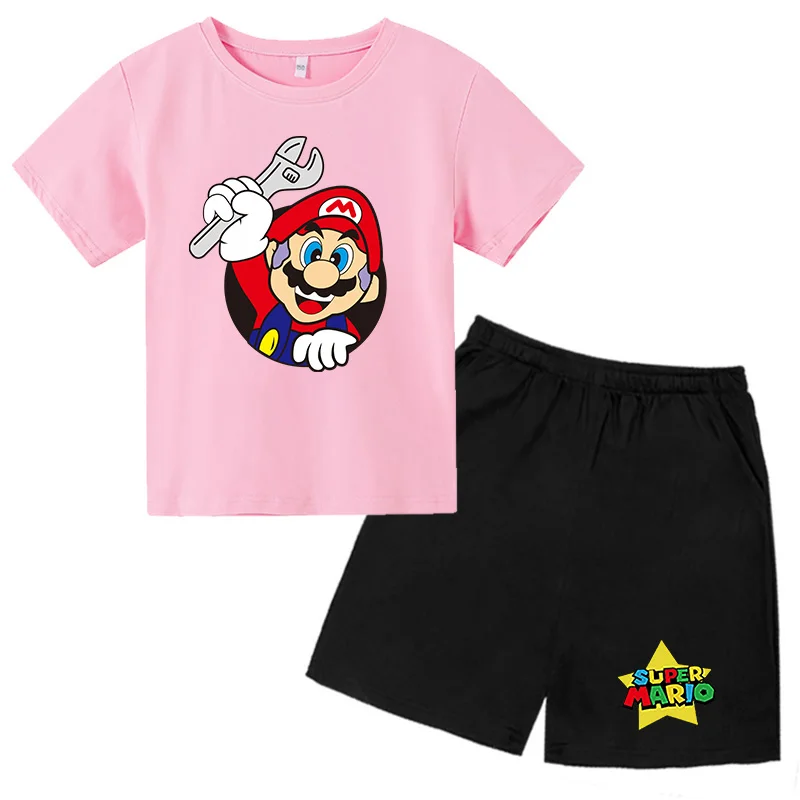 

Kawaii Pink Cartoon Tshirt Super Mario-bros Suit Children Funny Baby Boys Girls Summer Casual Tops T shirt Kids Clothes
