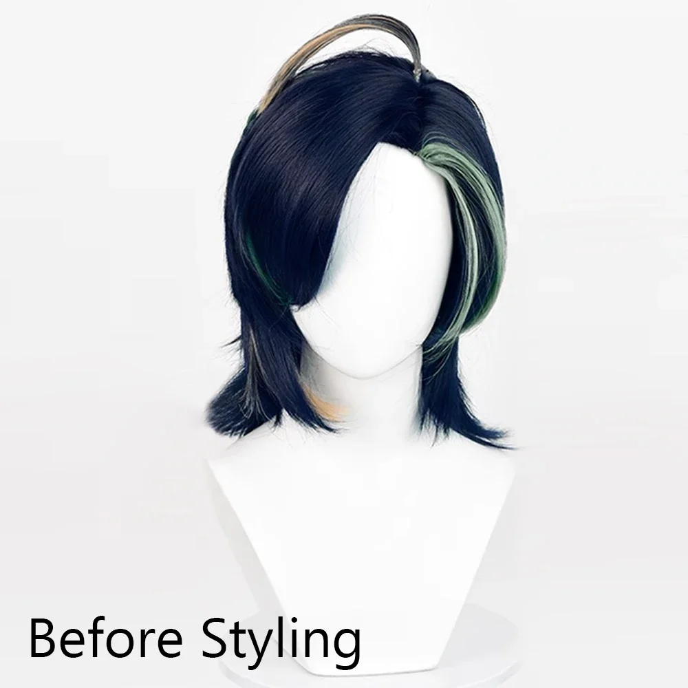 Genshin Impact Kinich Парик Синтетический Короткий Прямой Черный Синий Мелирование