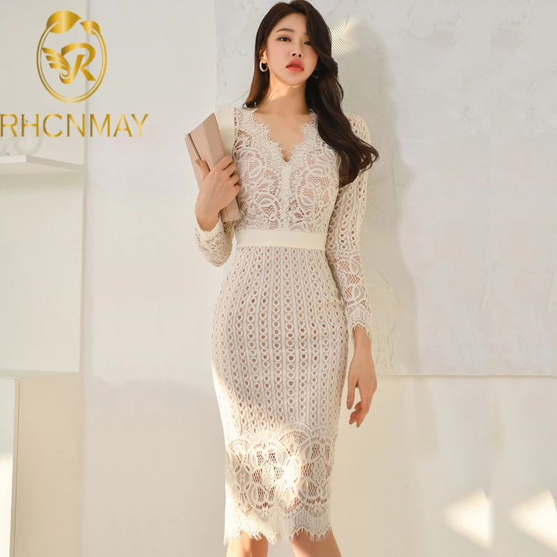 

New Summer Sexy Lace Patchwork Pencil Bodycon Dress Women Hollow Out See Through Sheath Dresses OL V-neck Work Vestidos