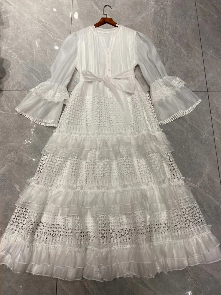 Осеннее новое высококачественное женское свободное платье с рюшами и полыми