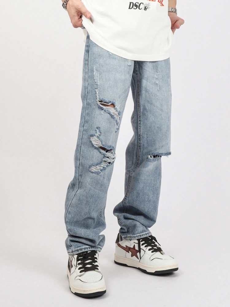 Men's Loose Jeans Straight Leg Pants with Ripped Holes and Washed Vintage Streetwear Korean Style Casual Clothes Denim Trousers