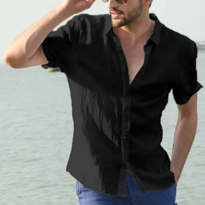 

2023 Men's Casual Cotton Linen Shirt Mock Neck Solid Short Sleeve Loose Top Spring and Autumn Handsome Fashion Shirt