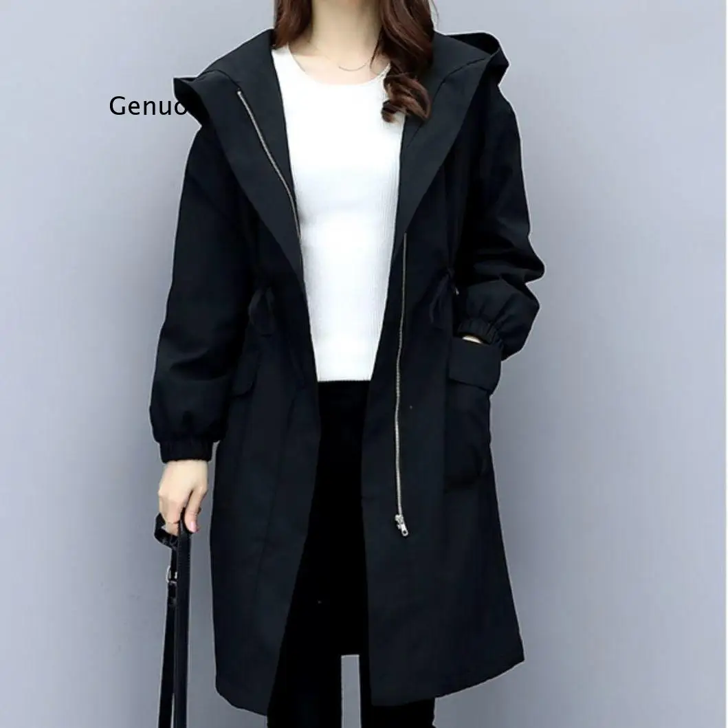 Trench Coats Women Autumn Winter Hooded Drawstring Pocket Zipper Long Outwear  Elegant Ladies Thicken Windbreaker Coats