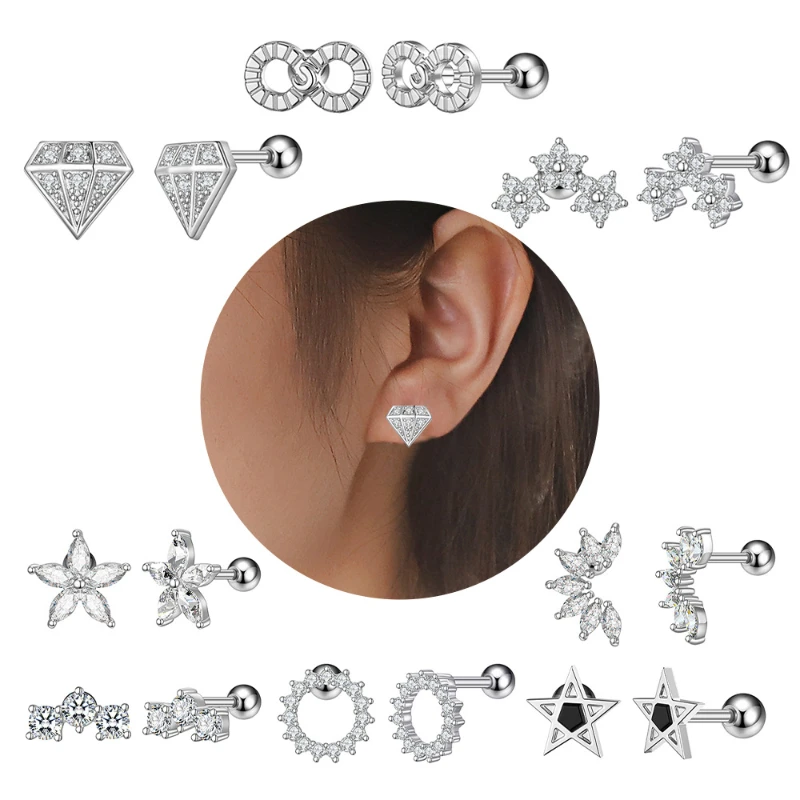 

Fashion Cartilage Earring Sugical Steel Cubic Zirconia Star Flower Earring Studs Cartlidge Earrings Cartilage Piercing