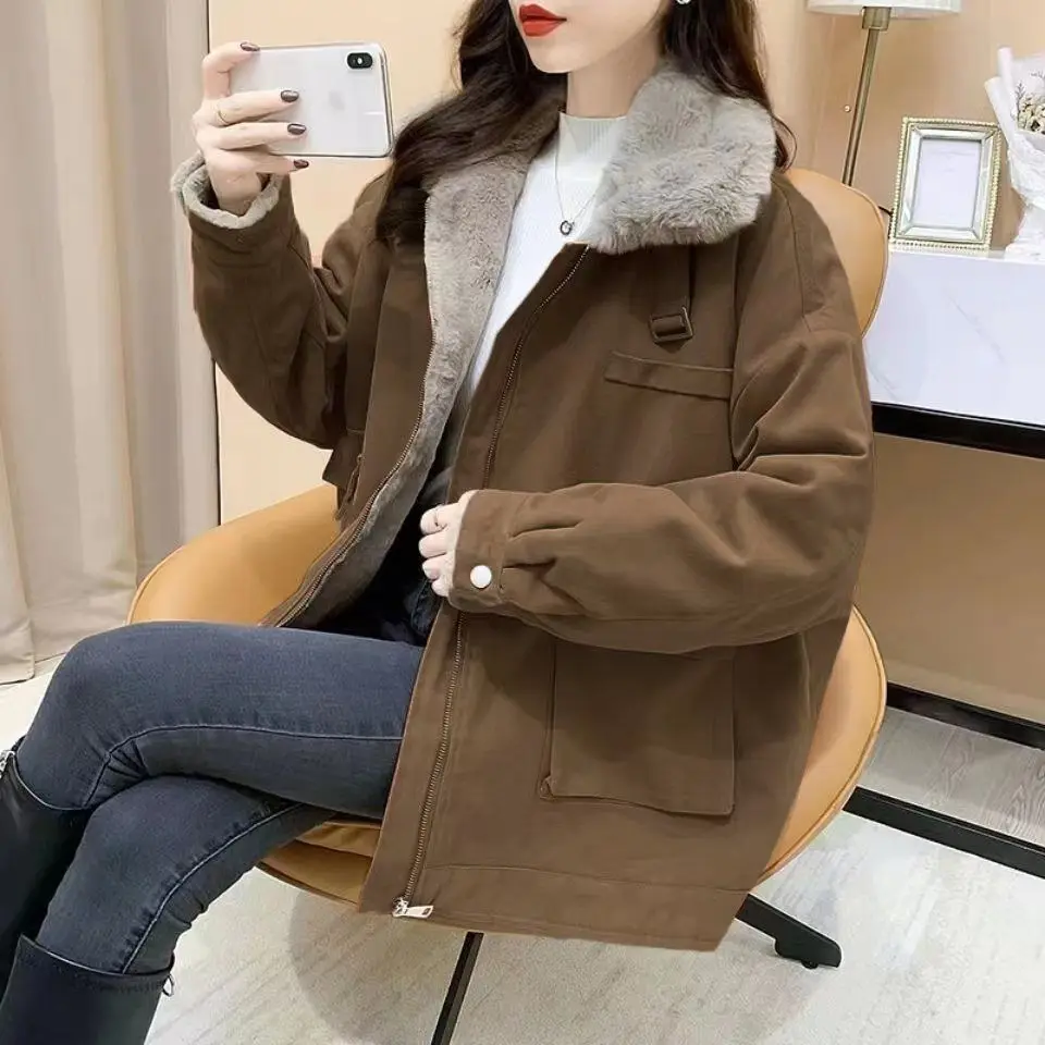 2023 New Winter Long Sleeve Jacket Parka Fleece Lined Warm Thicker Plus Size Korean Fashion Loose Zipper Snowsuit Coat