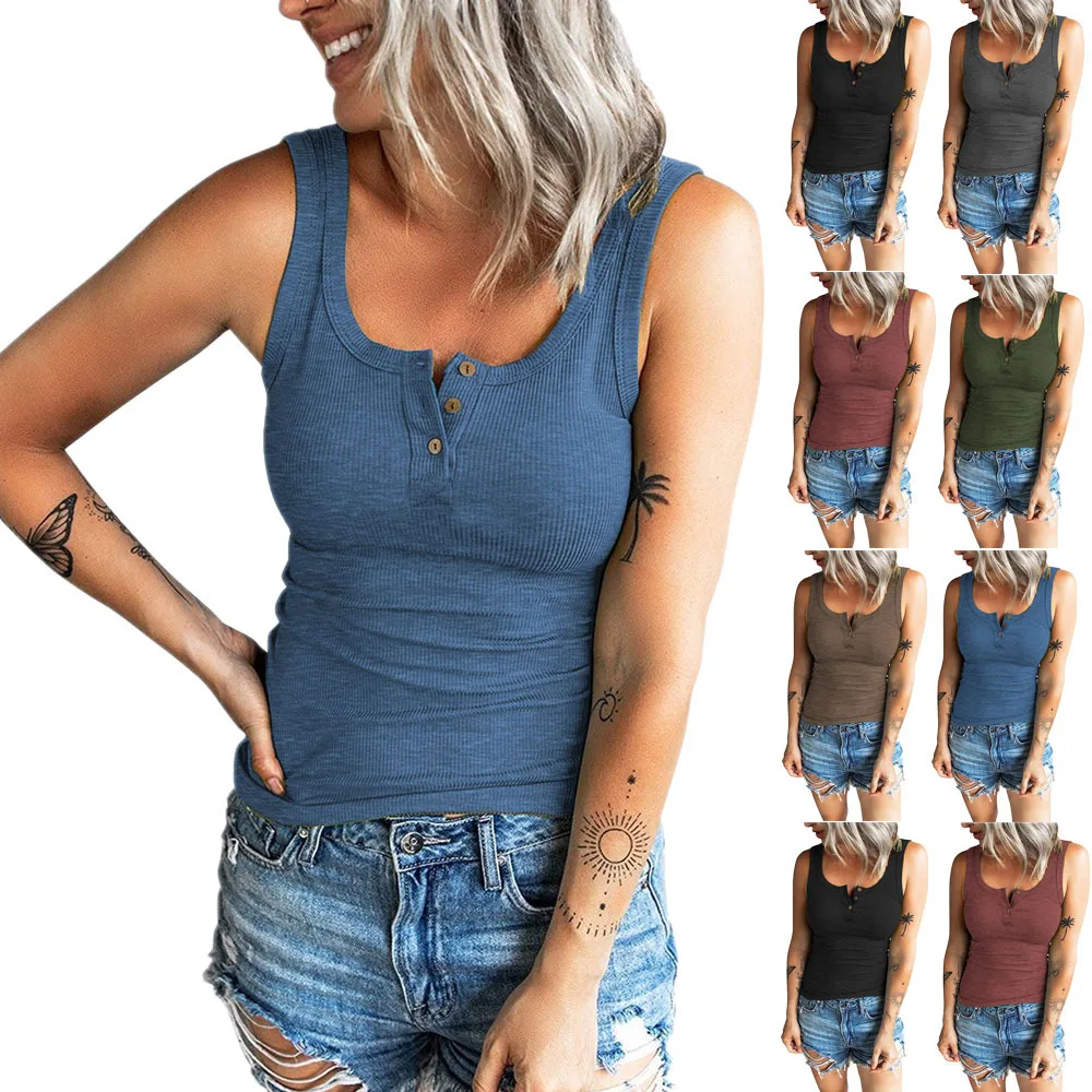 

2022 spring summer new threaded button slim solid color sleeveless vest V-neck Tank top female women T-shirt festival clothing
