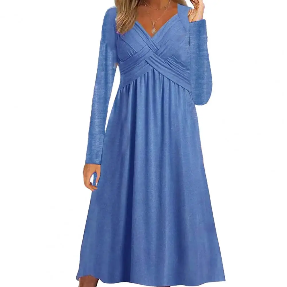 

Long Sleeve Dress Women's V-neck A-line Dress Cross Strap Stitching Flattering for Spring 2023