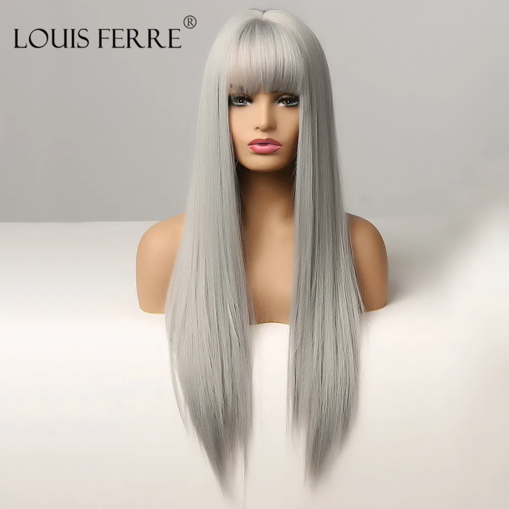 Парик LOUIS FERRE из чистого серого цвета с челкой Длинные шелковистые прямые