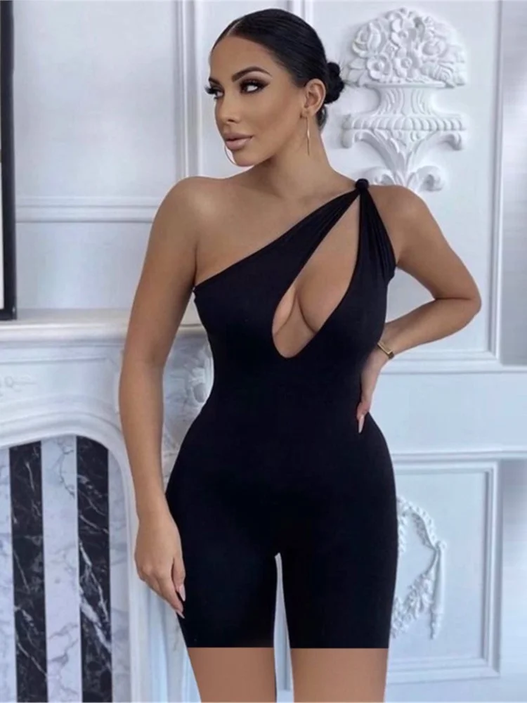 

One Shoulder Cut Out Biker Shorts Romper Sleeveless Sporty Workout Activewear Playsuit Solid Casual Jumpsuit Women Clothes боди