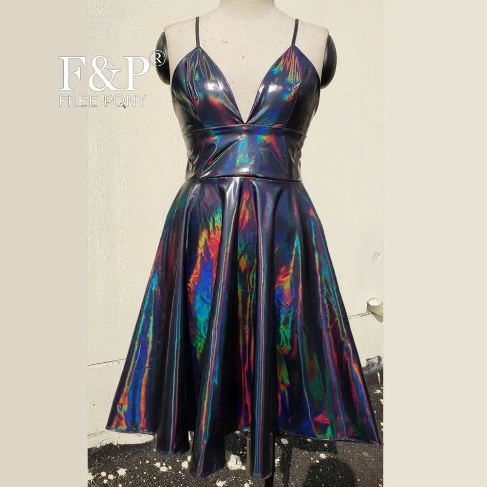 Black Rainbow Holographic Skater Dress Women Rave Dress Clothes Outfits University Graduation Homecoming Cocktail Dress