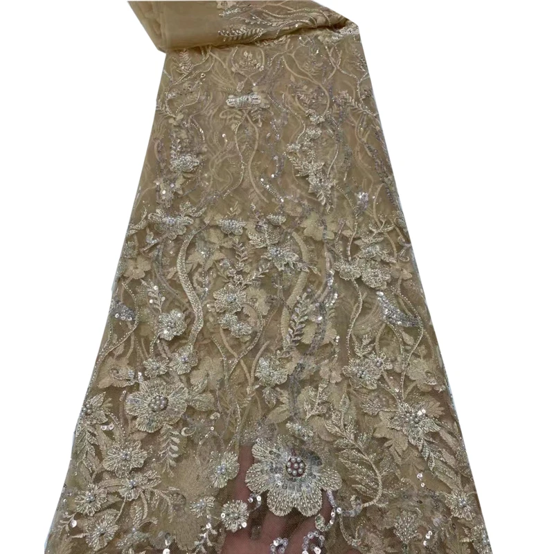

2022 Elegant Luxury Cassic African Embroidered Hand Made Beaded Tub Lace Fabric for Wedding Party Dress Women Clothing A04