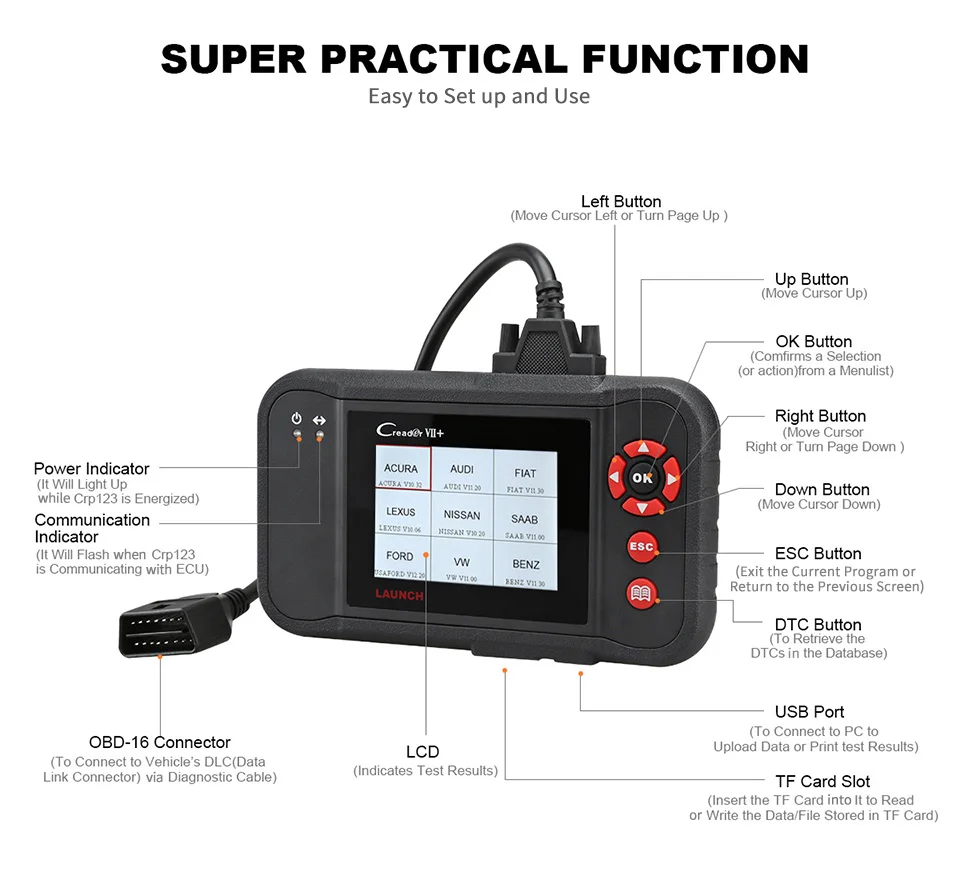 Launch X431 Creader VII+ plus OBD2 Scanner Diagnostic Tool Auto Code Reader Engine ABS SRS Transmission |
