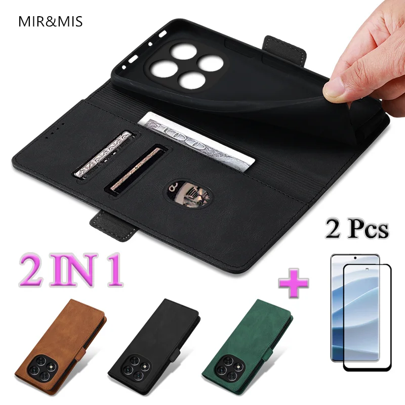 2 в 1 для Redmi Note 14 Pro Plus кожаный чехол-кошелек с керамической защитной пленкой