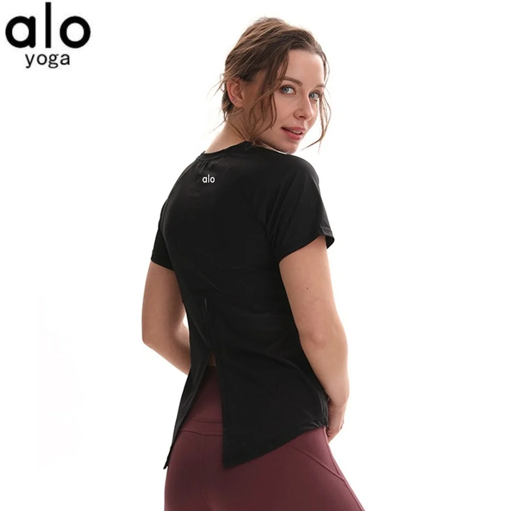 

Alo Yoga Summer Women's Sexy Back Split Short Sleeve Breathable Quick-drying Sports Top Fitness Cycling T-shirt Gym Workout Top