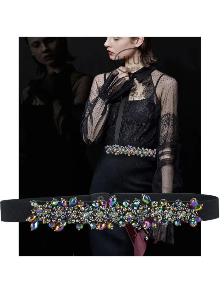Women Bright Belt New Decorative Dress With Crystal Inlaid Stone Coat Fashionable Elastic Band Colorful  Style And Matching