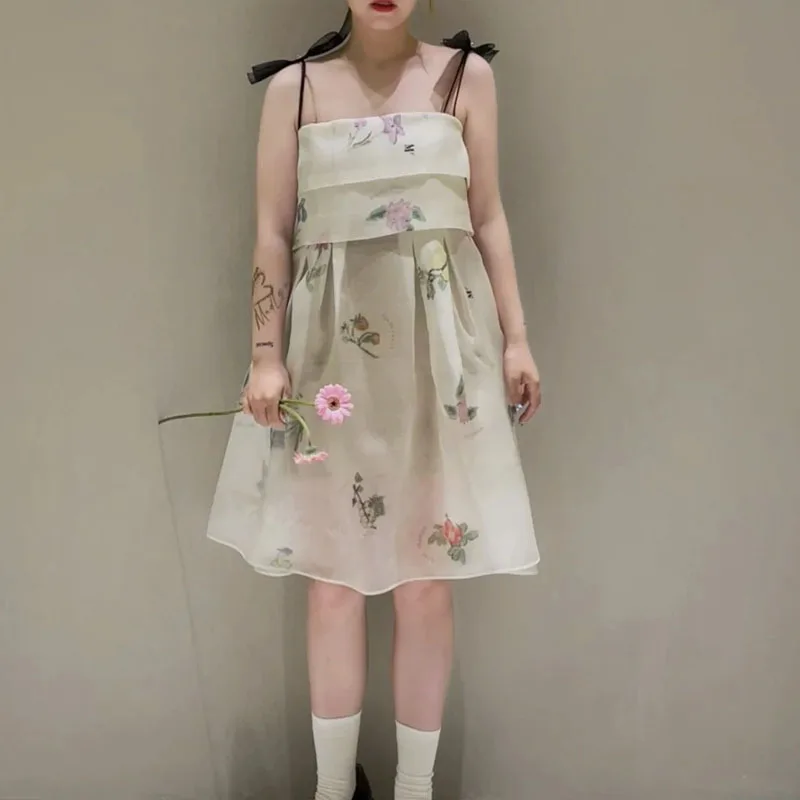 

Tube Top Printed Suspender Dress Feminine Fairy A-Shaped Translucent Sexy Send Inside Two Pieces Dresses 2022 Brand Runway New