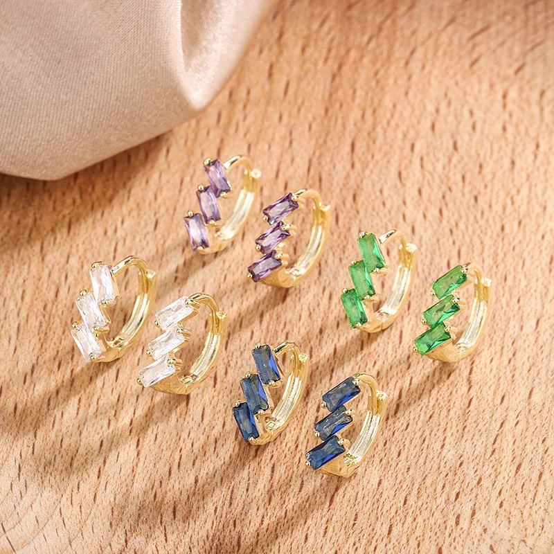 

Shiny Blocks Shape Colored Zircon Hoop Earrings for Women Three Square Zircon Hoops Jewlery Gift Pendientes Accessories Brincos