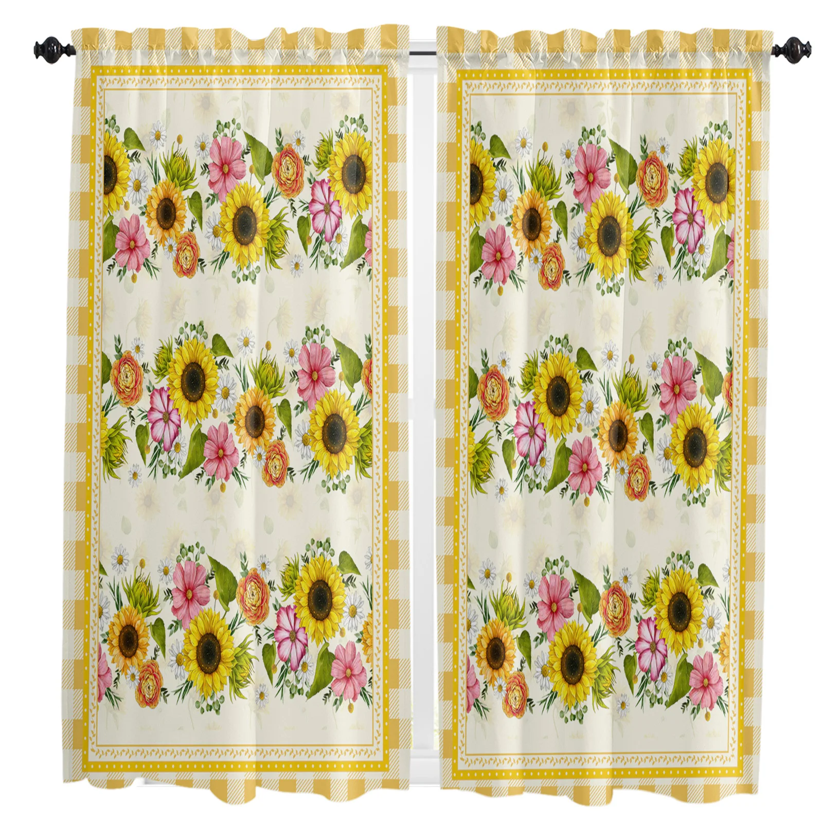 

Sunflower Idyllic Plaid Small Curtain Rod Pocket Short Curtains Half Drapes Partition Cabinet Door Window Curtains Home Decor
