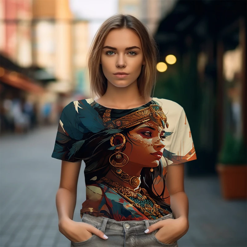 

Футболка с принтом Индийской Девушки, удобная футболка с коротким рукавом, уличная футболка для отдыха, летняя Базовая футболка с круглым вырезом