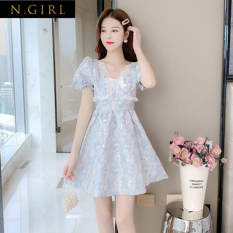 

N GIRLS Runway Summer French Luxury Party Casual Jacquard Bow Tie Elegant Sweet Floral Ruffle Chiffon Mini Dress Vestido