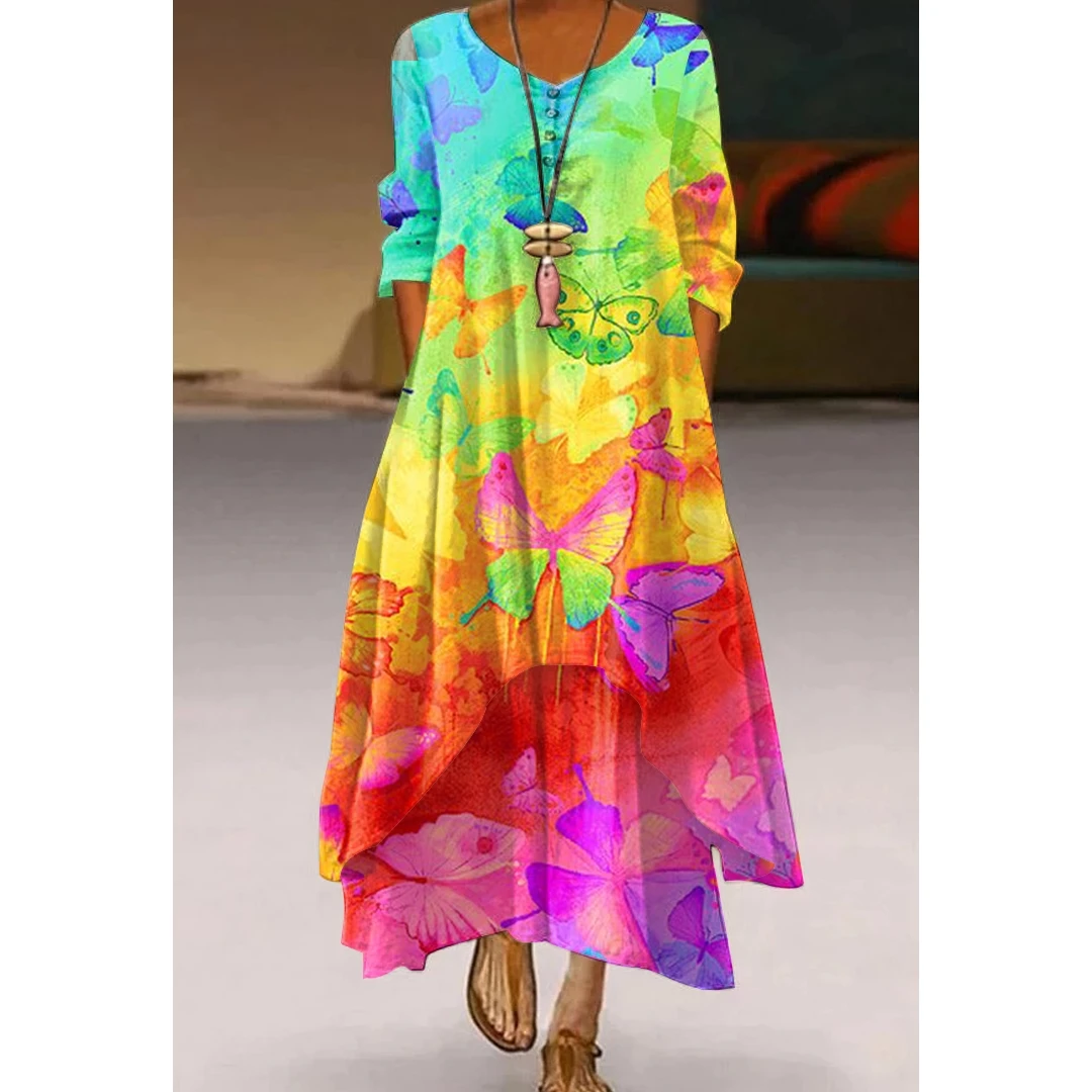 

Vintage Painting Long Dress Elegant Casual and Luxury Loose O-Neck Maxi Party Evening Dresses Fashion Sleeve Beach Women's Sexy